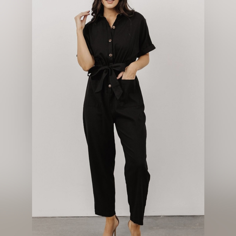 Baltic Born Black Short-Sleeve Button Jumpsuit with Tie Waist